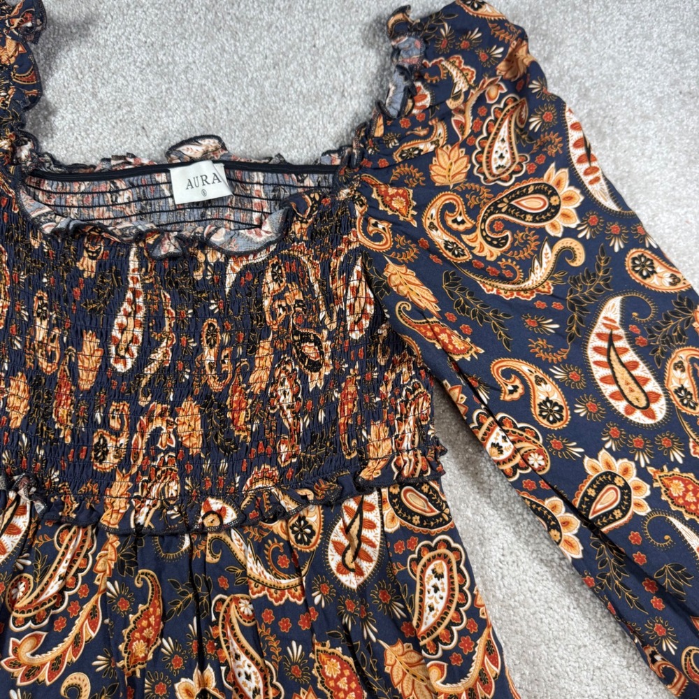 Aura Womens Paisley Smocked Mini Dress Navy Orange Long Sleeve FD5059 Small